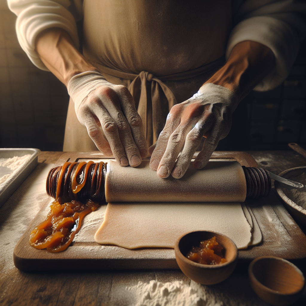 Mãos artesanais preparando bolo de rolo