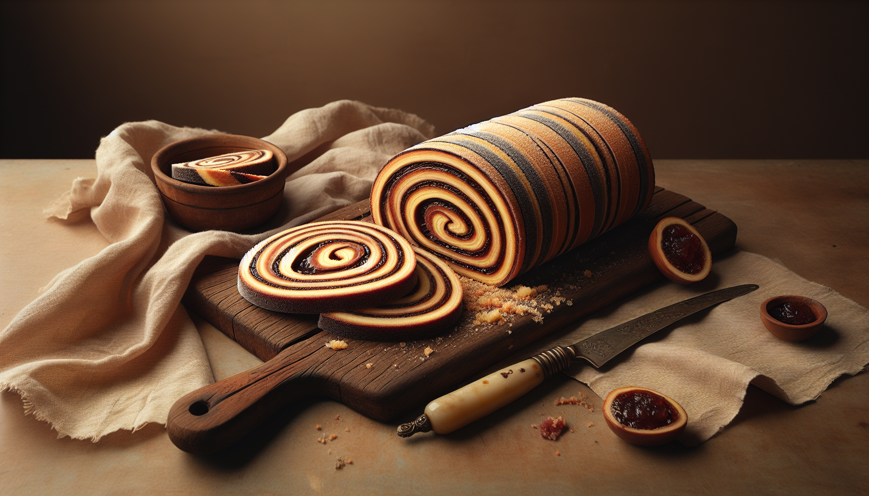 Bolo de rolo artesanal fatiado mostrando espiral de massa e goiabada