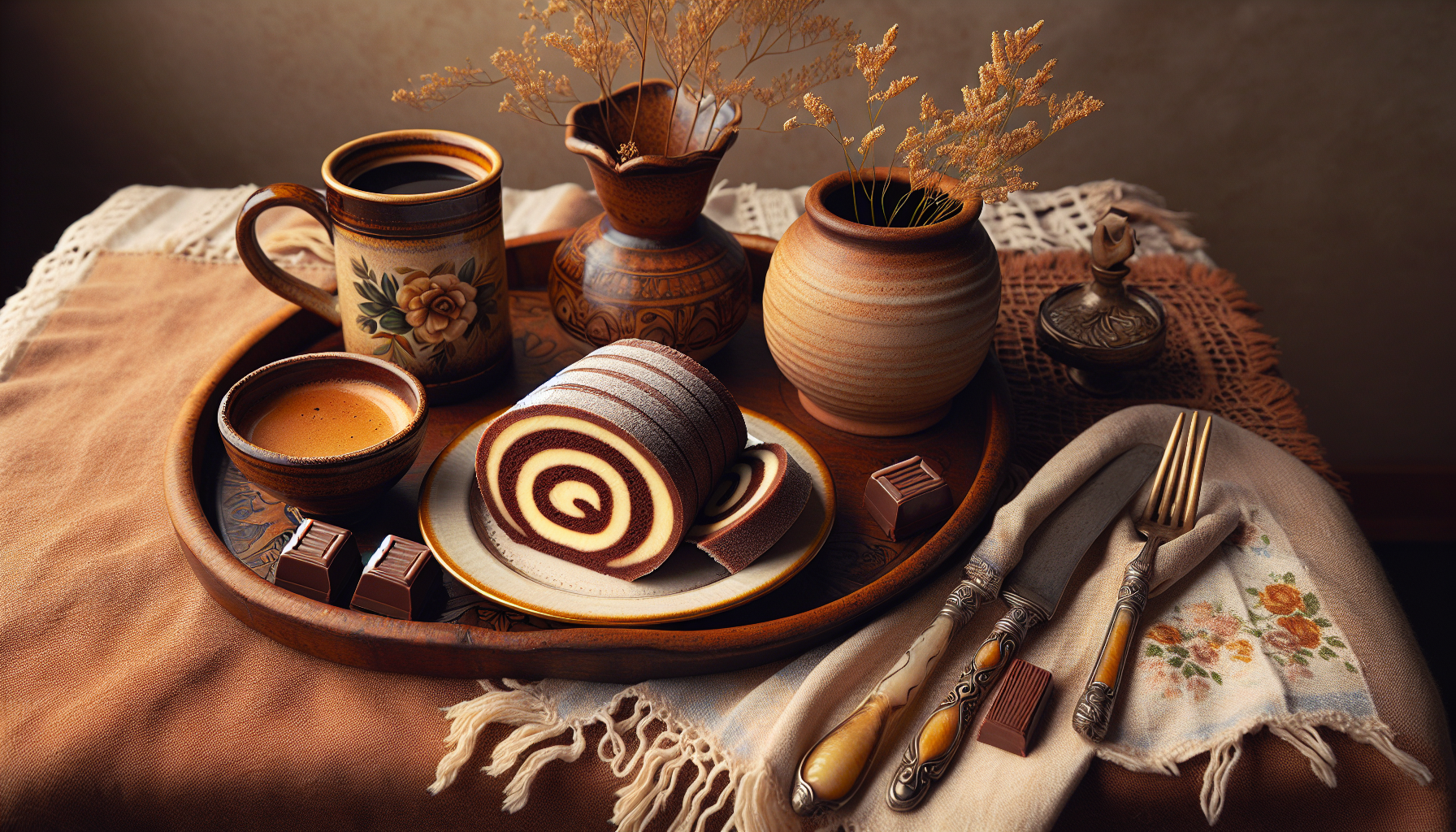 Mesa posta com bolo de rolo, café e talheres vintage